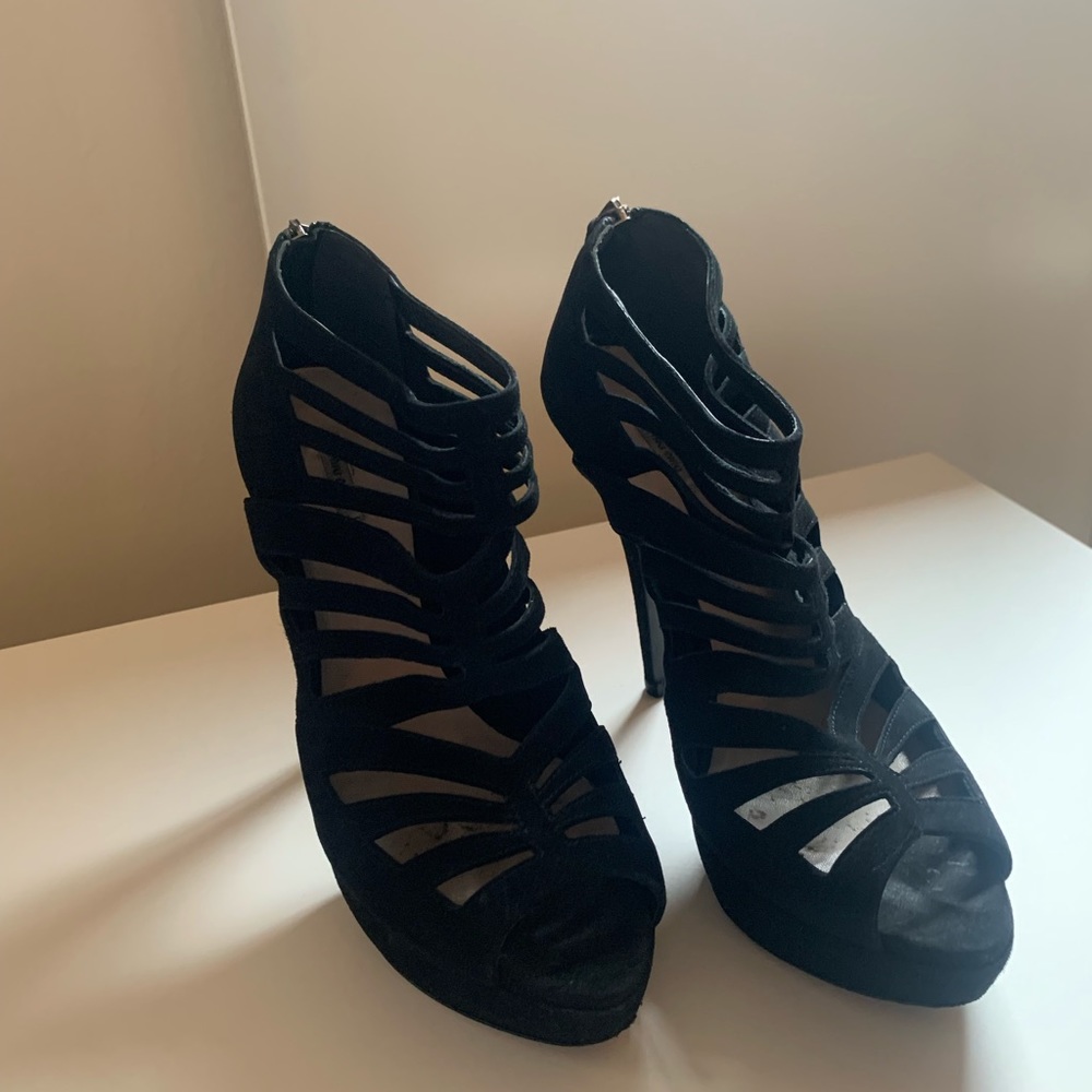 Miu Miu black suede cage heels